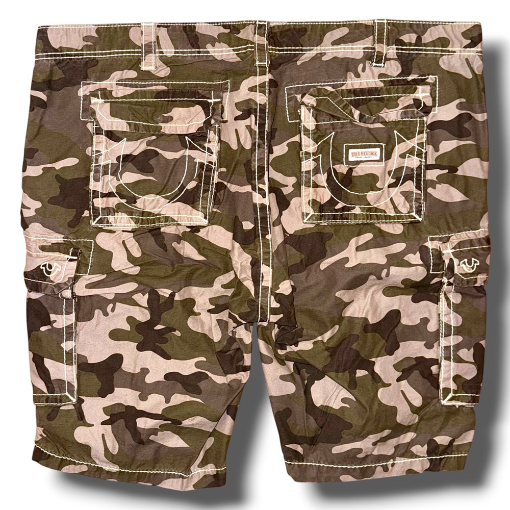 True Religion Mens Camo Cargo Shorts Big T Stitch Horseshoe Green Brown Size 44